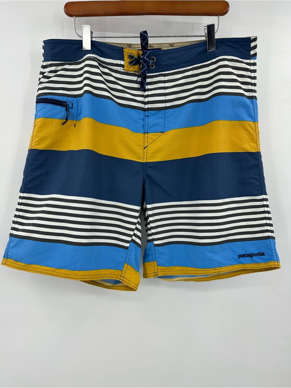 Patagonia Men’s Navy, Blue & Yellow Striped Swim Trunks